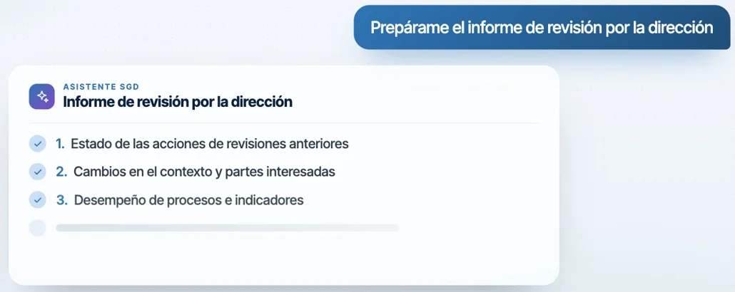El asistente del SGD prepara el índice del informe de revisión por la dirección para que una persona lo revise