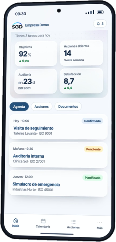 El SGD en el móvil, con la agenda y los indicadores del día